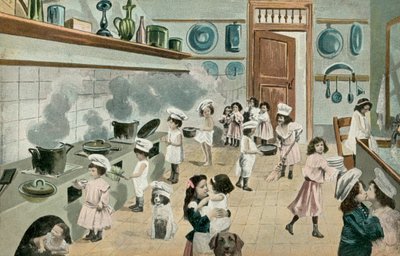 Niñas cocinando en la cocina (foto coloreada) de English Photographer