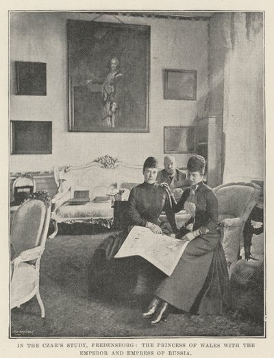 En el estudio del Zar, Fredensborg, la Princesa de Gales con el Emperador y la Emperatriz de Rusia de English Photographer