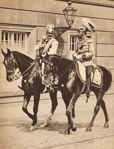 El rey Jorge V y el káiser Guillermo II saliendo de Potsdam para asistir a una revista de las tropas en 1913, ilustración de 