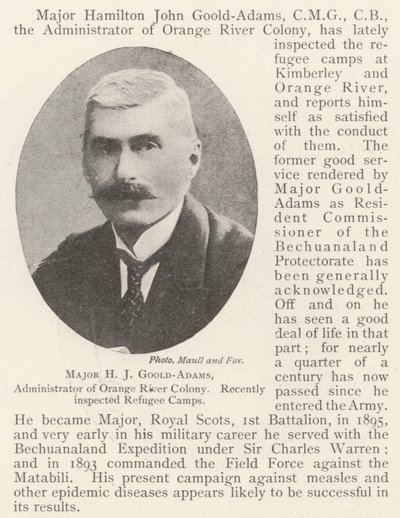 Mayor H J Goold-Adams, administrador de la Colonia del Río Orange, recientemente inspeccionó campos de refugiados de English Photographer