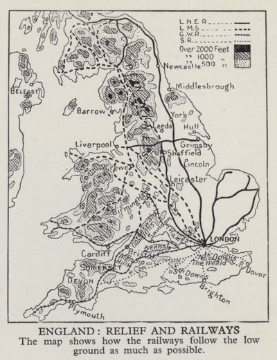 Mapa que muestra cómo los ferrocarriles en Inglaterra siguen el terreno bajo tanto como sea posible de English Photographer