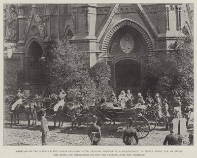 Matrimonio de la bisnieta mayor de la reina, la princesa Feodora de Sajonia-Meiningen, con el príncipe Enrique XXX de Reuss, la novia y el novio saliendo de la iglesia después de la ceremonia de English Photographer