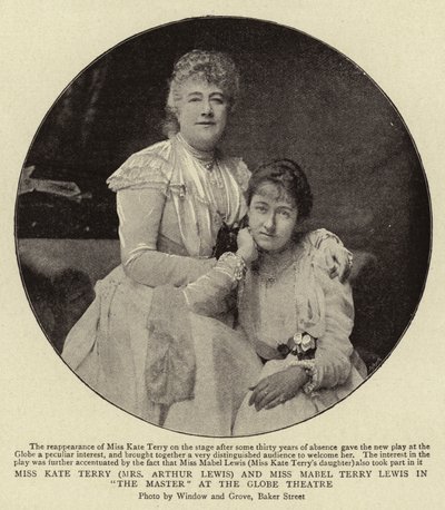 Srta. Kate Terry (Sra. Arthur Lewis) y Srta. Mabel Terry Lewis en The Master en el Globe Theatre de English Photographer
