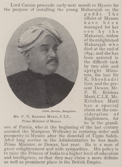 El Sr. P N Krishna Murti, CIE, Primer Ministro de Mysore de English Photographer