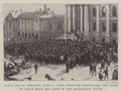 El Día de la Paz en Adelaide, 2 de junio, Lord Tennyson anunciando los términos de la paz desde los escalones del Parlamento de English Photographer