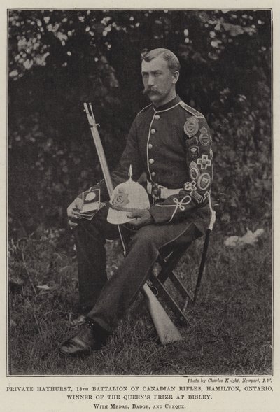 Soldado Hayhurst, 13º Batallón de Rifles Canadienses, Hamilton, Ontario, Ganador del Premio de la Reina en Bisley, con Medalla, Insignia y Cheque de English Photographer