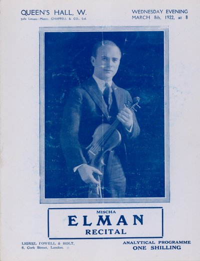 Programa para el recital de Mischa Elman, Queens Hall, el 8 de marzo de 1922 de English Photographer