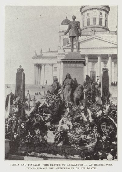 Rusia y Finlandia, la estatua de Alejandro II en Helsingfors, decorada en el aniversario de su muerte de English Photographer