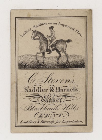 Tarjeta comercial de C Stevens, guarnicionero y talabartero de English Photographer