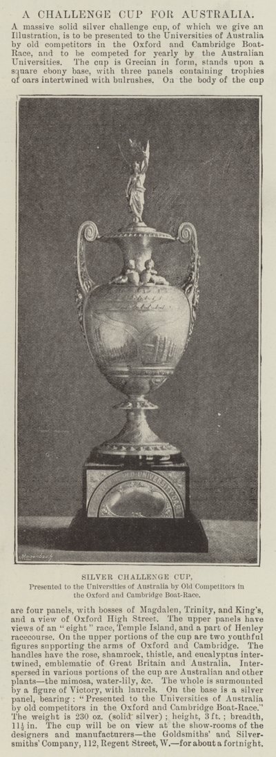 Copa de desafío de plata, presentada a las universidades de Australia por antiguos competidores en la regata Oxford y Cambridge de English Photographer