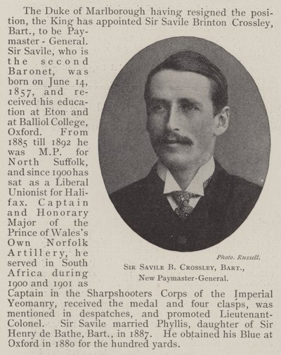 Sir Savile B Crossley, baronet, nuevo pagador general de English Photographer