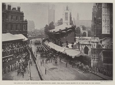 La llegada de sus majestades a la abadía de Westminster, el coche estatal estacionado en la puerta del anexo de English Photographer