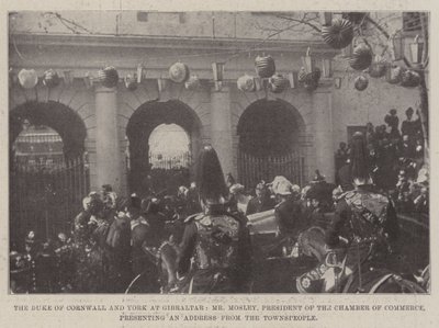 El Duque de Cornwall y York en Gibraltar, el Sr. Mosley, Presidente de la Cámara de Comercio, presentando una Dirección de los Ciudadanos de English Photographer