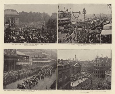 Los príncipes extranjeros pasando por Hyde Park Corner, Sir Wilfrid Laurier, GCMG, Primer Ministro de Canadá, y la escolta colonial en Pall Mall, la Brigada Naval cruzando el Puente de Londres, la procesión desde el techo del de English Photographer