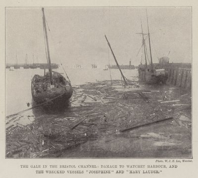 El vendaval en el canal de Bristol, daños en el puerto de Watchet y los barcos naufragados Josephine y Mary Lauder de English Photographer