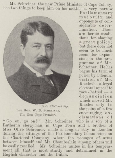 El honorable W D Schreiner, el nuevo primer ministro del Cabo de English Photographer