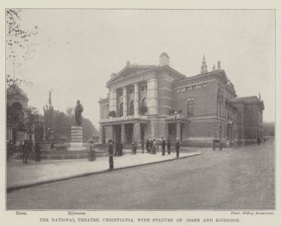 El Teatro Nacional, Christiania, con estatuas de Ibsen y Bjornson de English Photographer