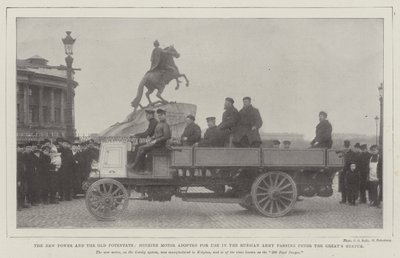 El Nuevo Poder y el Viejo Potentado, Motor de Bencina adoptado para uso en el Ejército Ruso pasando la Estatua de Pedro el Grande de English Photographer
