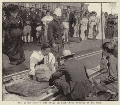 La Reina colocando los Pernos en las Placas de Pescado, asistida por el Sr. Bock de English Photographer