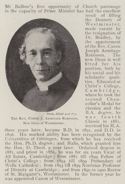El reverendo canónigo J Armitage Robinson, nuevo decano de Westminster de English Photographer