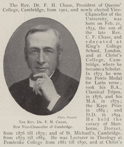 El reverendo Dr. F H Chase, nuevo vicerrector de Cambridge de English Photographer