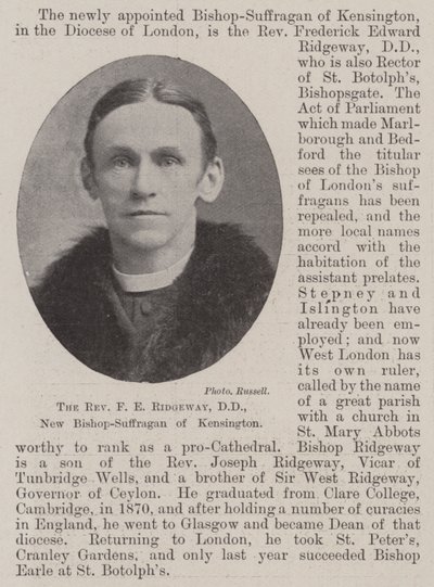El reverendo F. E. Ridgeway, DD, nuevo obispo sufragáneo de Kensington de English Photographer