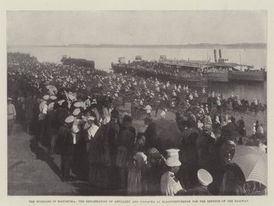 Los Rusos en Manchuria, el Embarque de Artillería y Cosacos en Blagoveshchensk para la Defensa del Ferrocarril de English Photographer