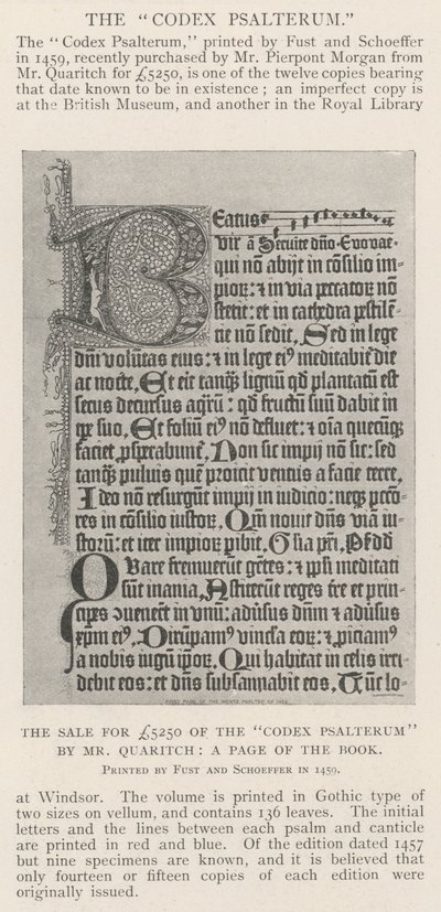 La venta por £5250 del Codex Psalterum por Mr Quaritch, una página del libro de English Photographer