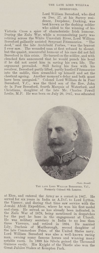 El difunto Lord William Beresford, VC, anteriormente coronel de los 9º lanceros de English Photographer