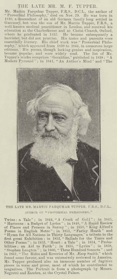 El difunto Sr. Martin Farquhar Tupper, FRS, DCL, Autor de Proverbial Philosophy de English Photographer