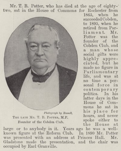El difunto Sr. T B Potter, MP, fundador del Cobden Club de English Photographer