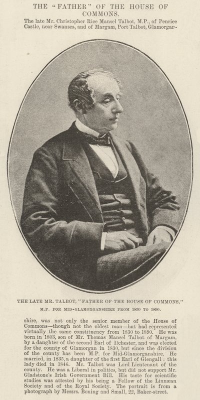 El difunto Sr. Talbot, Padre de la Cámara de los Comunes, MP por Mid-Glamorganshire de 1830 a 1890 de English Photographer