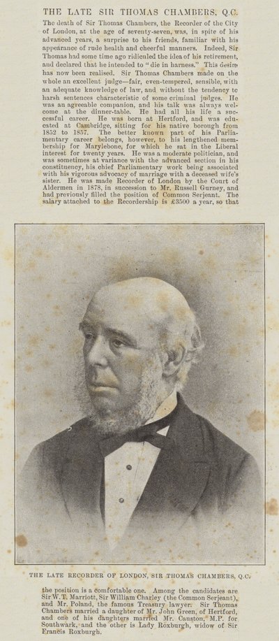 El difunto Registrador de Londres, Sir Thomas Chambers, QC de English Photographer