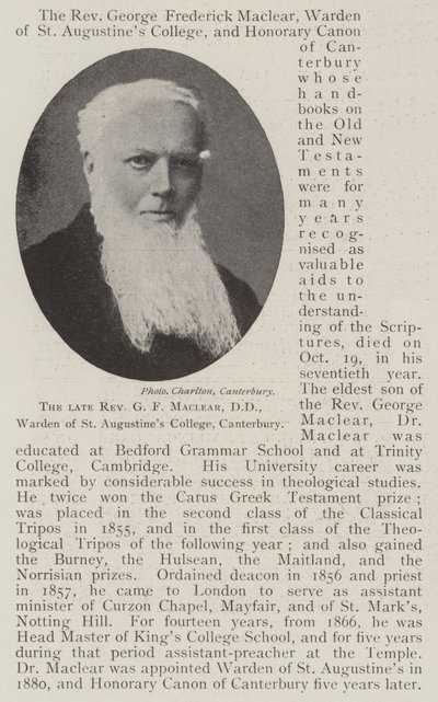 El difunto reverendo G F Maclear, DD, director del Colegio de San Agustín, Canterbury de English Photographer