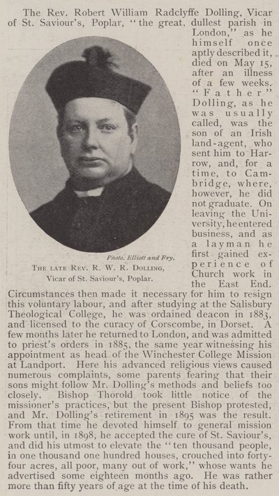 El difunto reverendo R W R Dolling, vicario de St Saviours, Poplar de English Photographer
