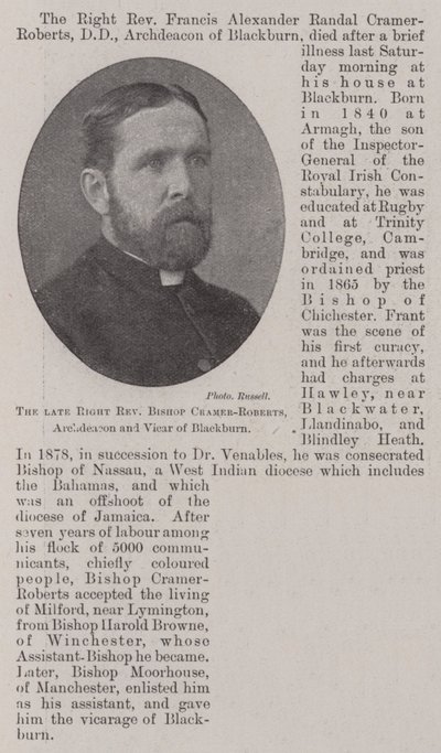 El difunto Reverendísimo Obispo Cramer-Roberts, Archidiácono y Vicario de Blackburn de English Photographer
