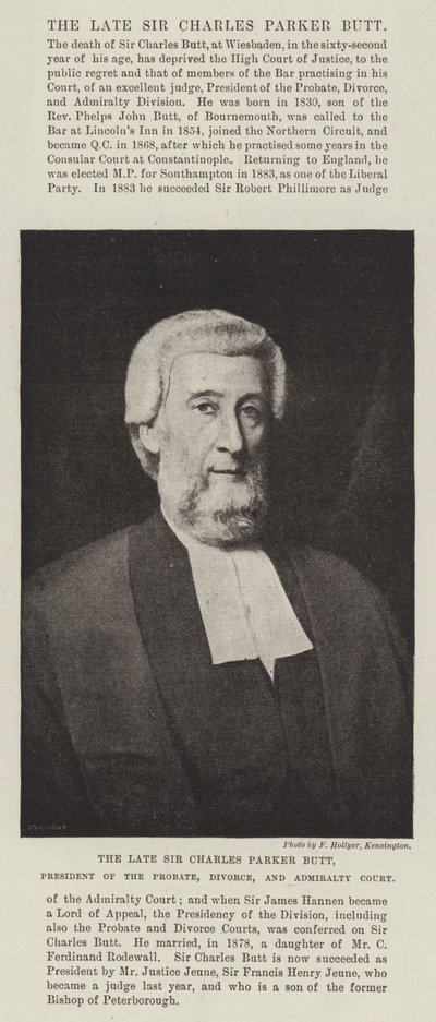 El difunto Sir Charles Parker Butt, presidente del Tribunal de Sucesiones, Divorcios y Almirantazgo de English Photographer