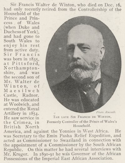 El difunto Sir Francis de Winton, ex controlador de la casa del Príncipe de Gales de English Photographer