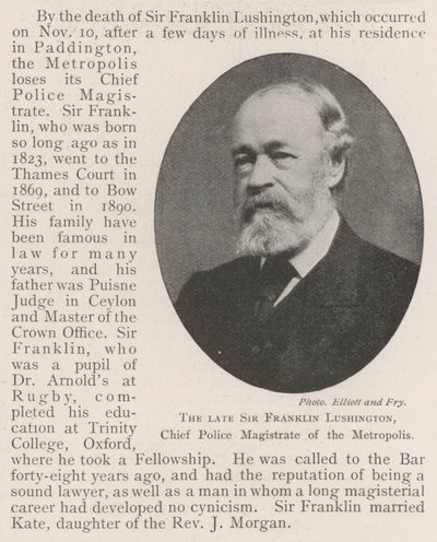 El difunto Sir Franklin Lushington, magistrado jefe de policía de la metrópolis de English Photographer