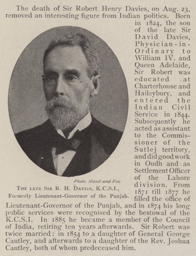 El difunto Sir R H Davies, KCSI, ex teniente general del Punjab de English Photographer