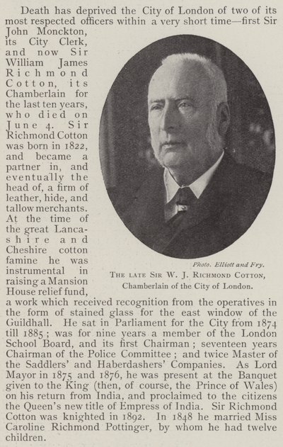 El difunto Sir W J Richmond Cotton, chambelán de la ciudad de Londres de English Photographer