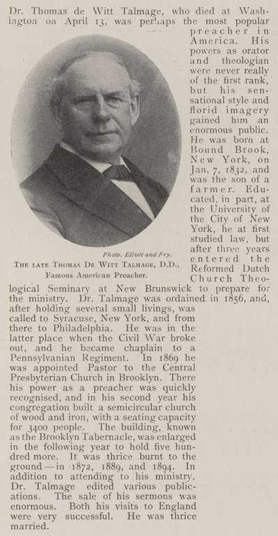 El difunto Thomas de Witt Talmage, DD, famoso predicador estadounidense de English Photographer