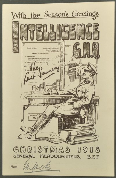 Con los saludos de temporada, Inteligencia G.H.Q., Navidad 1918 de E. M. Jack, 1918 de English Photographer