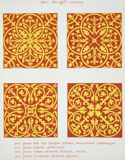 Diseños de baldosas del siglo XIII, ilustración de Especímenes de Pavimentos de Baldosas, Dibujados de Autoridades Existentes, por Henry Shaw, 1858 de English School