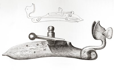 Matchlock del siglo XVII. Mecanismo o cerrojo utilizado para disparar un arma de fuego manual, de The British Army: Its Origins, Progress and Equipment, publicado en 1868. de English School
