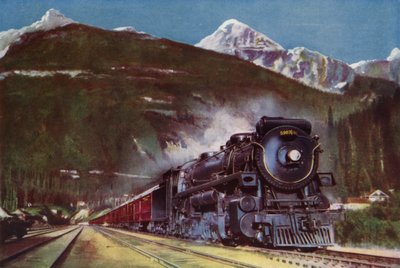 Locomotora de vapor 2-10-4 del Ferrocarril Canadiense del Pacífico al pie de las Montañas Rocosas, Canadá de English School