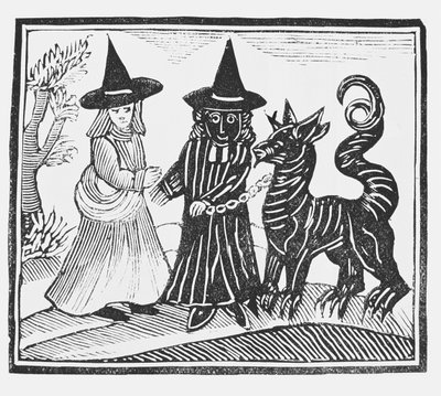 Una Bruja Negra y una Bruja Blanca con un Animal Demonio, ilustración de una colección de folletos sobre esoterismo de English School