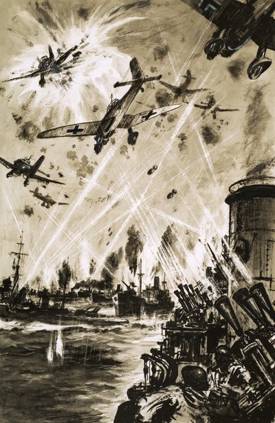 Un convoy británico en la Segunda Guerra Mundial bajo ataque de Stukas alemanes de English School