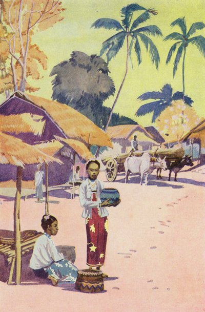 Un pueblo birmano (litografía en color) de English School