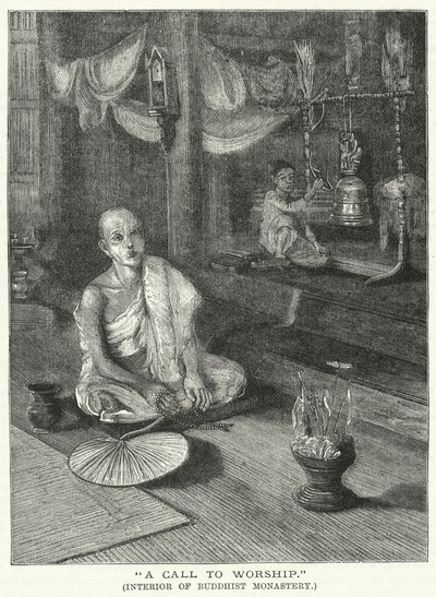 "Una llamada a la adoración," interior de un monasterio budista de English School
